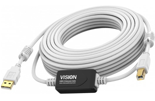 Vision USB A-B 2.0 Active kabel 10m met half-way booster