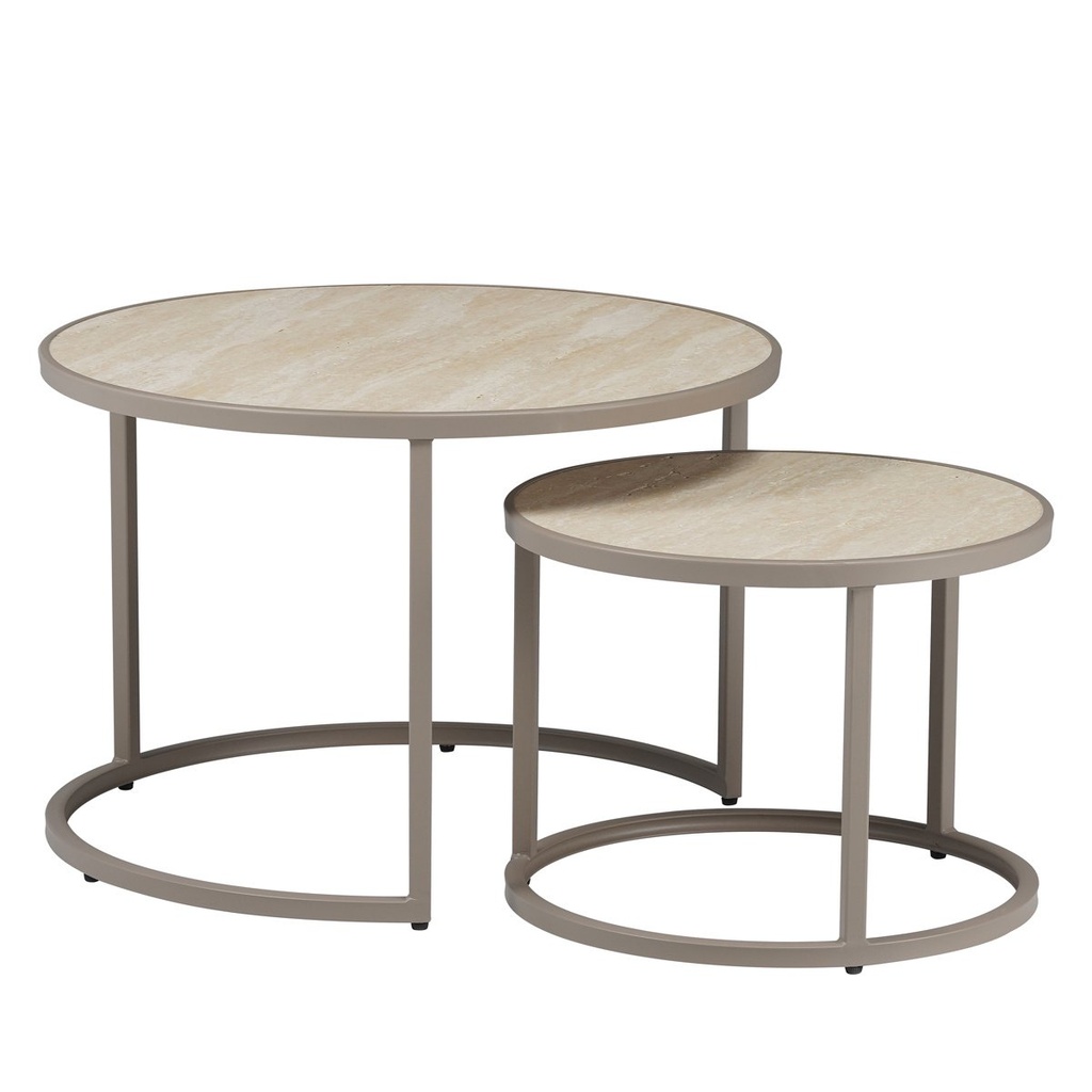 [salontafel-sef-rond-set-van-2-taupe-travertin] Sef rond - salontafel set van 2 taupe/travertin