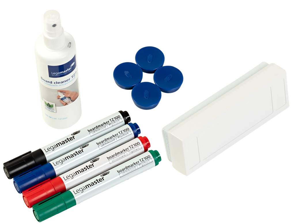 Witbordtoebehoren boardmarkers (zwart-rood-blauw-groen) + wisser (magnetisch + viltinleg) + magneten 30mm rond zwart (10 stuks)