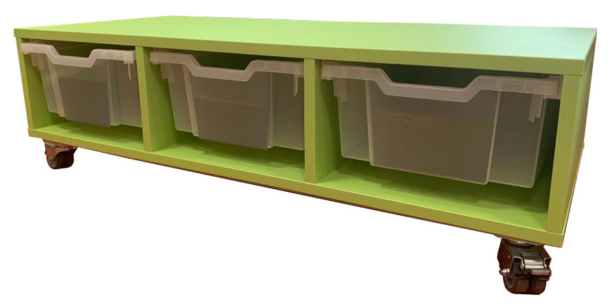 Kleuterbankje kring - op wielen - met transparante bakken - zitting in hout