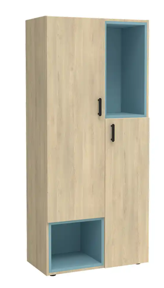 [ESZ-8-5-A-Decor corpus and back-TBA-Decor open shelf section-TBA] Houten kast met kleurrijke vakken links/rechts - 5 OH   (Nog te bepalen, Nog te bepalen)